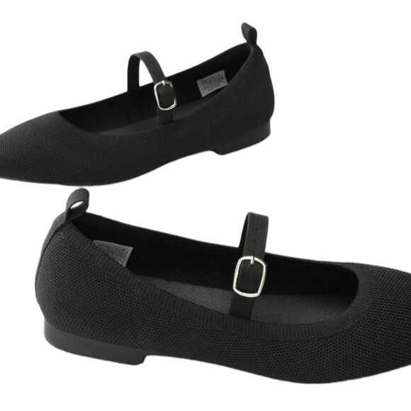 Burudani Black Knit Mary Jane Flats Women's Size 10 Comfort Slip-On Shoes Pointy - Picture 11 of 15